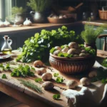 A traditional French kitchen setting with fresh herbs, a wooden table, and a rustic bowl of cervelle