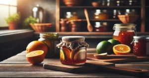 A cozy kitchen scene with jars of homemade winter fruit jams, featuring citrus and apple ingredients