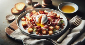 A traditional Lyonnaise salad with poached egg, lardons, and croutons on a white plate