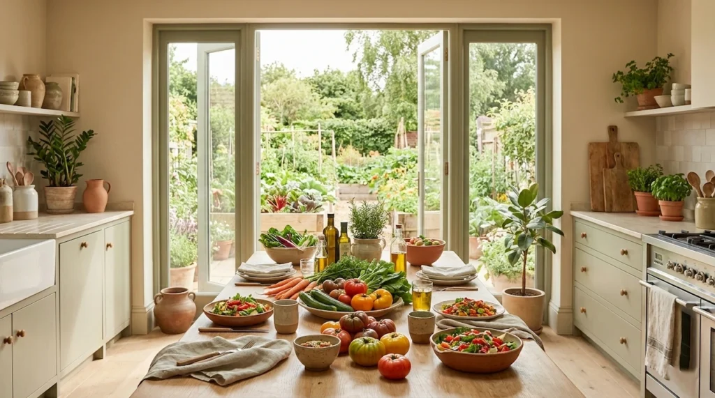 Table d'une cuisine avec beaucoup de légumes pour le site Agaia