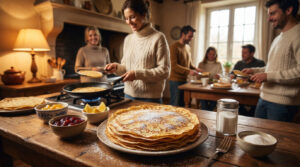 Une famille souriante prépare et déguste des crêpes avec des confitures et du sucre, célébrant la Chandeleur dans une cuisine chaleureuse.