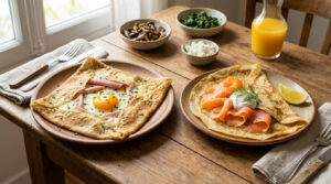 Deux crêpes salées sur table en bois : une jambon-œuf-fromage, l'autre au saumon fumé, crème, citron. Bols d'accompagnements.