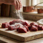 Une main saupoudre de la farine sur des morceaux de viande rouge crue sur une planche à découper en bois, préparant un mijoté.
