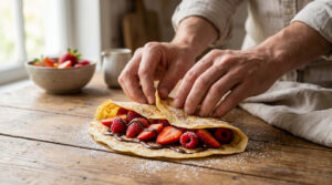 Mains pliant une crêpe dorée garnie de fraises, framboises et filet de chocolat sur une table en bois, saupoudrée de sucre glace.